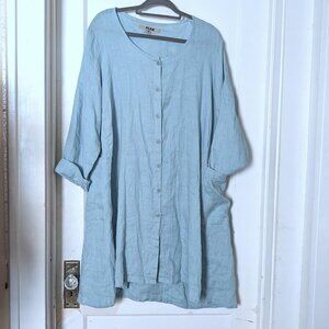 Flax Linnen Long Sleeve A-Line Tunic Jacket Button Front Gray/Blue Size M